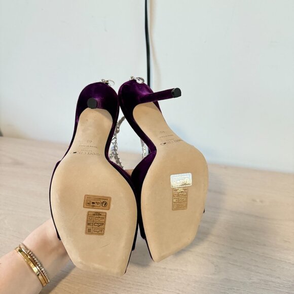 Jimmy Choo Saeda 100 Sandals Dark Purple Velvet Crystal Strap Square Toe Sz 40 - Picture 9 of 10